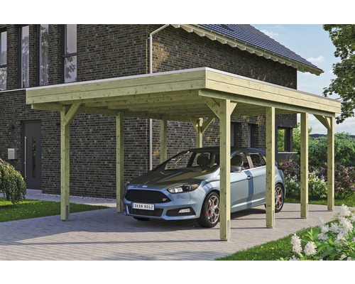 Carport simple SKAN HOLZ Friesland avec film d'étanchéité pour toiture en EPDM et ancrage pour poteaux H 397 x 555 cm imprégné