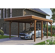 Carport simple SKAN HOLZ Friesland avec film d'étanchéité pour toiture en EPDM et ancrage pour poteaux H 397 x 555 cm noyer