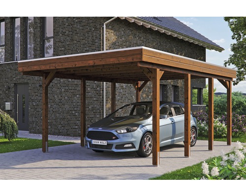 Carport simple SKAN HOLZ Friesland avec film d'étanchéité pour toiture en EPDM et ancrage pour poteaux H 397 x 555 cm noyer