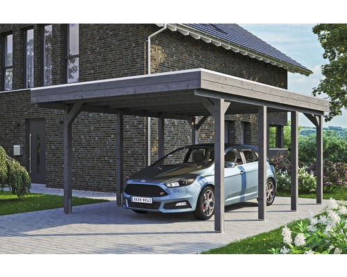 Carport simple SKAN HOLZ Friesland avec panneaux de toiture en aluminium et ancrage pour poteaux H 397 x 555 cm gris