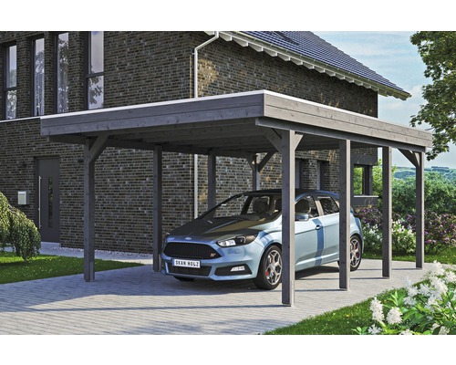 Carport simple SKAN HOLZ Friesland avec film d'étanchéité pour toiture en EPDM et ancrage pour poteaux H 397 x 555 cm gris