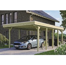 Carport simple SKAN HOLZ Friesland avec film d'étanchéité pour toiture en EPDM et ancrage pour poteaux H 397 x 708 cm imprégné