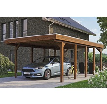 Carport simple SKAN HOLZ Friesland avec panneaux de toiture en aluminium et ancrage pour poteaux H 397 x 708 cm noyer
