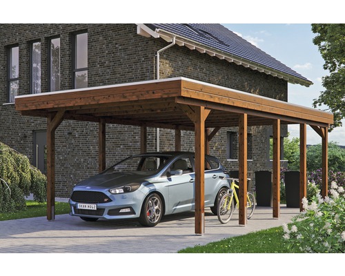 Carport simple SKAN HOLZ Friesland avec panneaux de toiture en aluminium et ancrage pour poteaux H 397 x 708 cm noyer