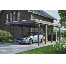 Carport simple SKAN HOLZ Friesland avec film d'étanchéité pour toiture en EPDM et ancrage pour poteaux H 397 x 708 cm gris