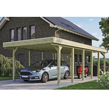 Carport simple SKAN HOLZ Friesland avec film d'étanchéité pour toiture en EPDM et ancrage pour poteaux H 397 x 860 cm imprégné