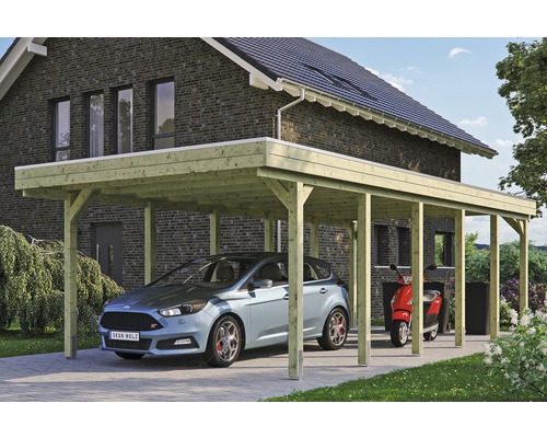 Carport simple SKAN HOLZ Friesland avec film d'étanchéité pour toiture en EPDM et ancrage pour poteaux H 397 x 860 cm imprégné