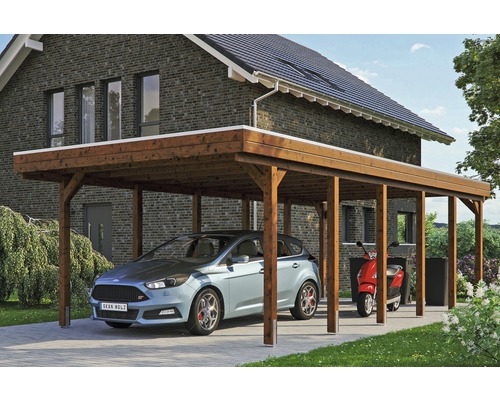 Carport simple SKAN HOLZ Friesland avec film d'étanchéité pour toiture en EPDM et ancrage pour poteaux H 397 x 860 cm noyer