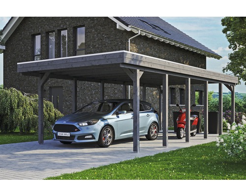 Carport simple SKAN HOLZ Friesland avec panneaux de toiture en aluminium et ancrage pour poteaux H 397 x 860 cm gris