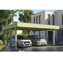 Carport double SKAN HOLZ Friesland avec film d'étanchéité pour toiture en EPDM et ancrage pour poteaux H 557 x 555 cm imprégné