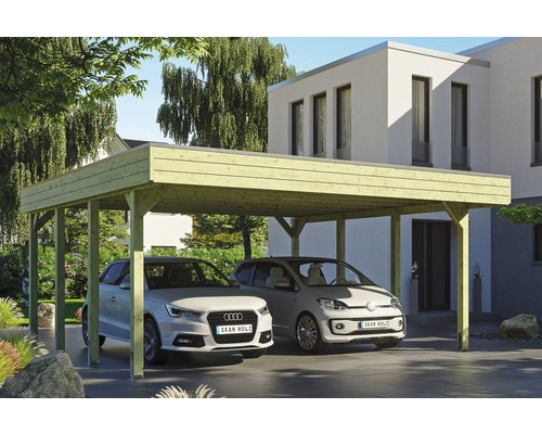 Carport double SKAN HOLZ Friesland avec film d'étanchéité pour toiture en EPDM et ancrage pour poteaux H 557 x 555 cm imprégné