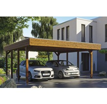 Carport double SKAN HOLZ Friesland avec panneaux de toiture en aluminium et ancrage pour poteaux H 557 x 555 cm noyer