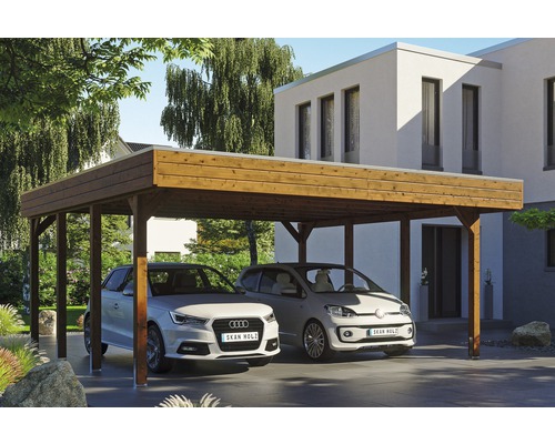 Carport double SKAN HOLZ Friesland avec film d'étanchéité pour toiture en EPDM et ancrage pour poteaux H 557 x 555 cm noyer