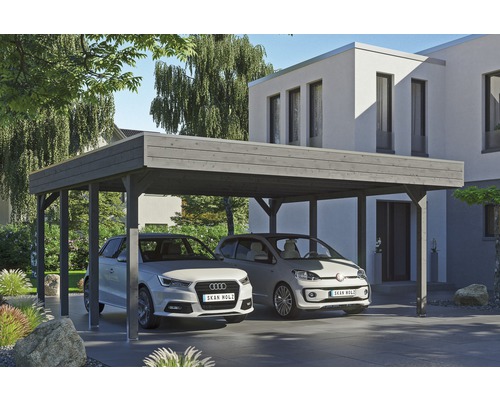 Carport double SKAN HOLZ Friesland avec panneaux de toiture en aluminium et ancrage pour poteaux H 557 x 555 cm gris