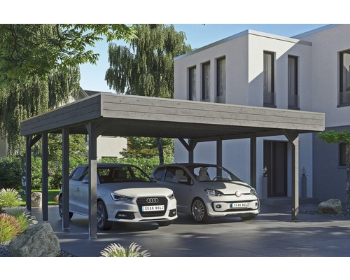 Carport double SKAN HOLZ Friesland avec film d'étanchéité pour toiture en EPDM et ancrage pour poteaux H 557 x 555 cm gris