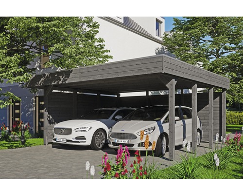 Carport double SKAN HOLZ Friesland kit 3 avec panneaux de toiture en aluminium et ancrage pour poteaux H 557 x 555 cm gris