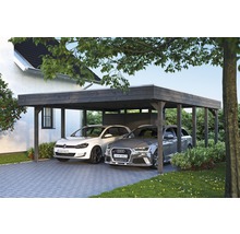 Carport aus Holz mit zwei parkenden Autos