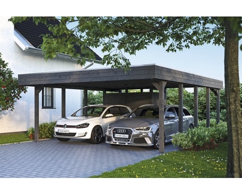 Carport double SKAN HOLZ Friesland kit 4 avec panneaux de toiture en aluminium et ancrage pour poteaux H 557 x 708 cm gris
