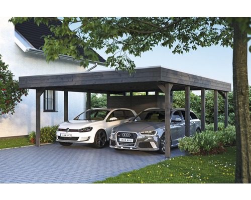 Carport double SKAN HOLZ Friesland kit 4 avec panneaux de toiture en aluminium et ancrage pour poteaux H 557 x 708 cm gris Carport double SKAN HOLZ Friesland kit 4 avec panneaux de toiture en aluminium et ancrage pour poteaux H 557 x 708 cm gris