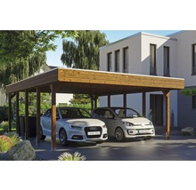 Carport double SKAN HOLZ Friesland avec panneaux de toiture en aluminium et ancrage pour poteaux H 557 x 708 cm noyer