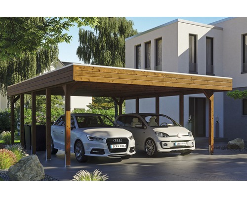 Carport double SKAN HOLZ Friesland avec panneaux de toiture en aluminium et ancrage pour poteaux H 557 x 708 cm noyer