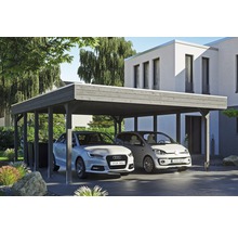 Carport double SKAN HOLZ Friesland avec panneaux de toiture en aluminium et ancrage pour poteaux H 557 x 708 cm gris