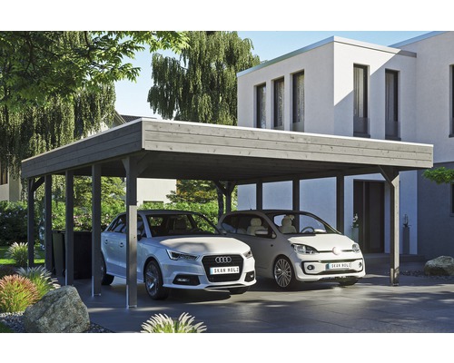 Carport double SKAN HOLZ Friesland avec panneaux de toiture en aluminium et ancrage pour poteaux H 557 x 708 cm gris