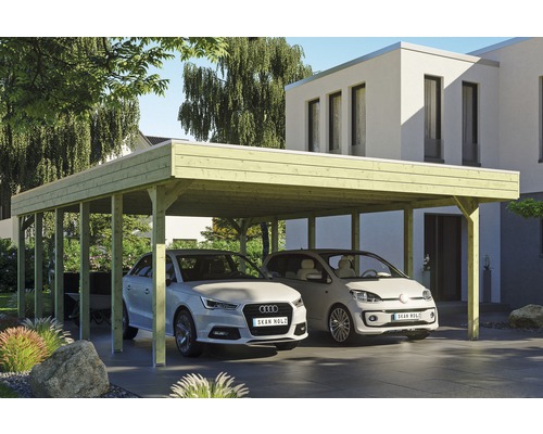 Carport double SKAN HOLZ Friesland avec film d'étanchéité pour toiture en EPDM et ancrage pour poteaux H 557 x 860 cm imprégné Carport double SKAN HOLZ Friesland avec film d'étanchéité pour toiture en EPDM et ancrage pour poteaux H 557 x 860 cm imprégné
