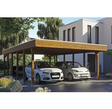 Doppelcarport SKAN HOLZ Friesland inkl. Aluminium-Dachplatten und H-Pfostenanker 557 x 860 cm nussbaum