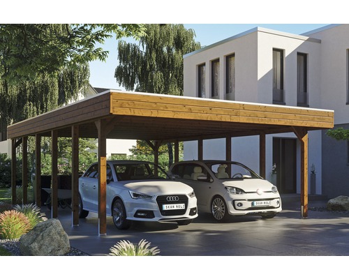 Carport double SKAN HOLZ Friesland avec film d'étanchéité pour toiture en EPDM et ancrage pour poteaux H 557 x 860 cm noyer