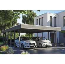 Doppelcarport aus Holz mit zwei Autos vor einem Haus