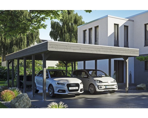 Carport double SKAN HOLZ Friesland avec film d'étanchéité pour toiture en EPDM et ancrage pour poteaux H 557 x 860 cm gris