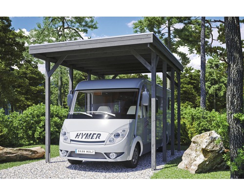 Carport simple SKAN HOLZ Friesland Caravan avec panneaux de toiture en aluminium et ancrage pour poteaux en H 397 x 555 cm gris