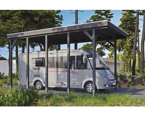 Carport simple SKAN HOLZ Friesland Caravan avec panneaux de toiture en aluminium et ancrage pour poteaux en H 397 x 708 cm gris