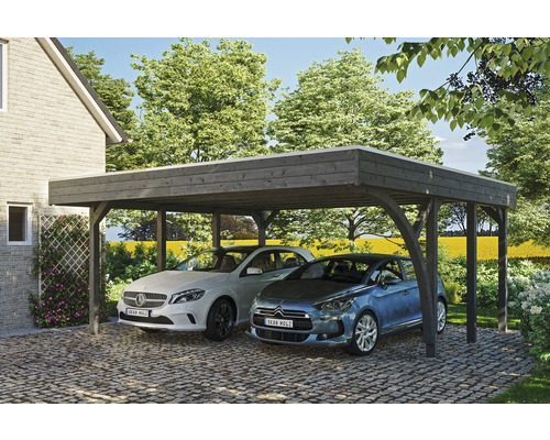 Carport double SKAN HOLZ Friesland kit 7 avec panneaux de toiture en aluminium, 1 arche d’entrée, ancrage pour poteaux H 557 x 555 cm gris