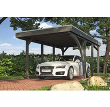 Carport simple SKAN HOLZ Friesland kit 5 avec panneaux de toiture en aluminium et ancrage pour poteaux H 314 x 555 cm gris