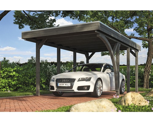 Carport simple SKAN HOLZ Friesland kit 5 avec panneaux de toiture en aluminium et ancrage pour poteaux H 314 x 555 cm gris