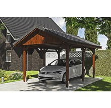 Carport simple SKAN HOLZ Wallgau avec lattis et ancrage pour poteaux H 380 x 500 cm noyer
