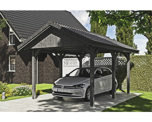 Carport simple SKAN HOLZ Wallgau avec lattis et ancrage pour poteaux H 380 x 500 cm gris