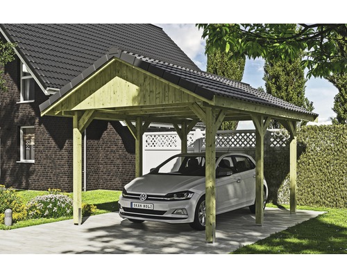 Carport simple SKAN HOLZ Wallgau avec lattis et ancrage pour poteaux H 380 x 500 cm imprégné