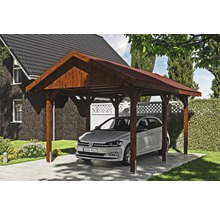 Carport simple SKAN HOLZ Wallgau avec bardeaux rouges et ancrage pour poteaux H 380 x 500 cm noyer