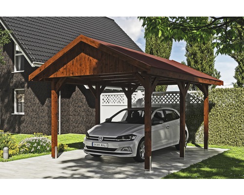 Carport simple SKAN HOLZ Wallgau avec bardeaux rouges et ancrage pour poteaux H 380 x 500 cm noyer