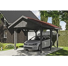 Carport simple SKAN HOLZ Wallgau avec bardeaux rouges et ancrage pour poteaux H 380 x 500 cm gris