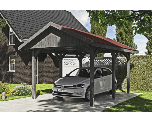 Carport simple SKAN HOLZ Wallgau avec bardeaux rouges et ancrage pour poteaux H 380 x 500 cm gris