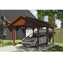 Carport simple SKAN HOLZ Wallgau avec bardeaux noirs et ancrage pour poteaux H 380 x 500 cm noyer