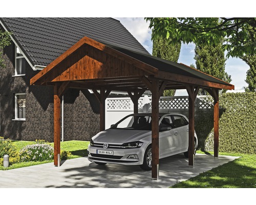 Carport simple SKAN HOLZ Wallgau avec bardeaux noirs et ancrage pour poteaux H 380 x 500 cm noyer