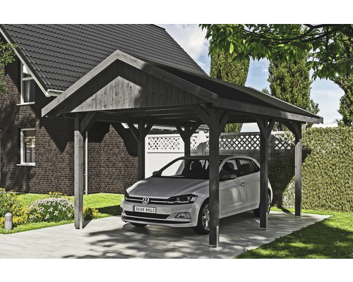 Carport simple SKAN HOLZ Wallgau avec bardeaux noirs et ancrage pour poteaux H 380 x 500 cm gris