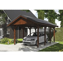 Carport simple SKAN HOLZ Wallgau avec lattis et ancrage pour poteaux H 380 x 600 cm noyer