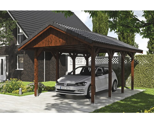 Carport simple SKAN HOLZ Wallgau avec lattis et ancrage pour poteaux H 380 x 600 cm noyer