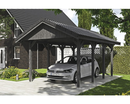 Carport simple SKAN HOLZ Wallgau avec lattis et ancrage pour poteaux H 380 x 600 cm gris